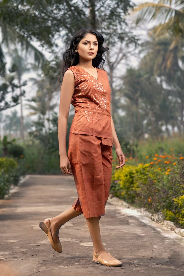 Brown bijili wrap top sequence + Pants