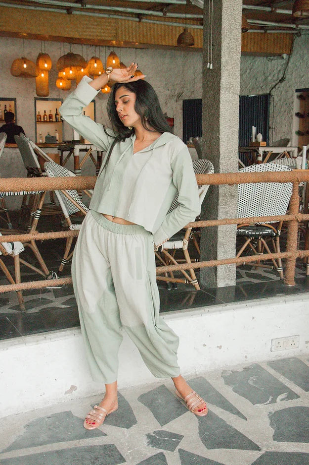 Green color block hoodie cord set