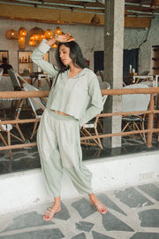 Green color block hoodie cord set