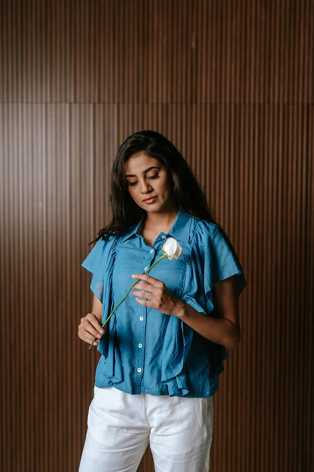 Indigo 100's shirt with frill sleeves