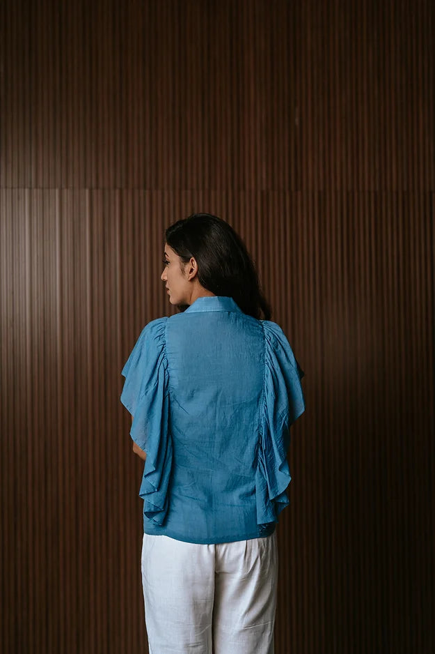 Indigo 100's shirt with frill sleeves