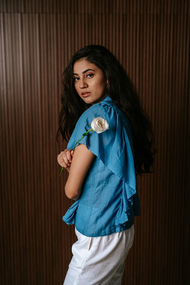 Indigo 100's shirt with frill sleeves
