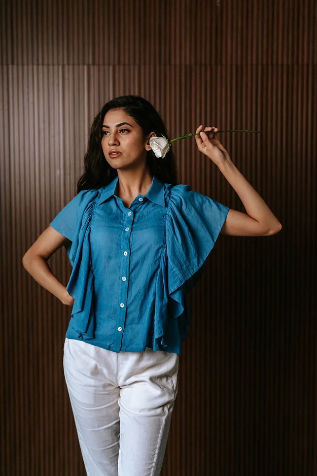 Indigo 100's shirt with frill sleeves
