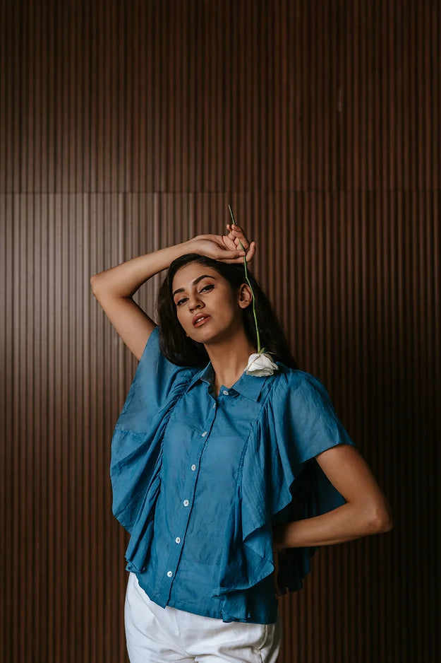 Indigo 100's shirt with frill sleeves