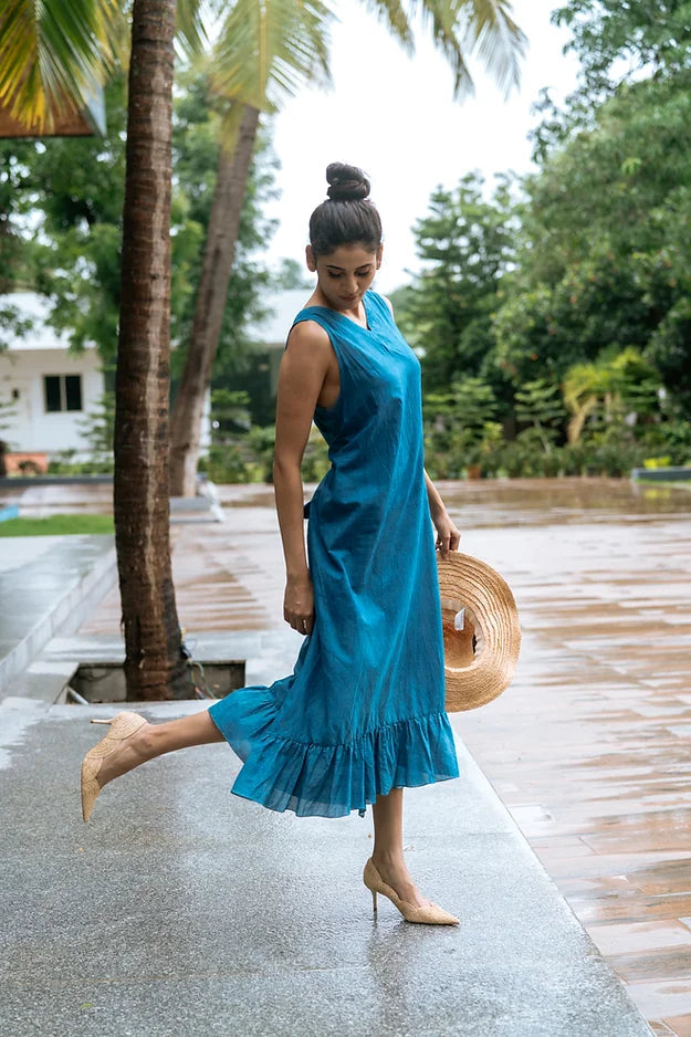 Indigo front back tie dress with frill