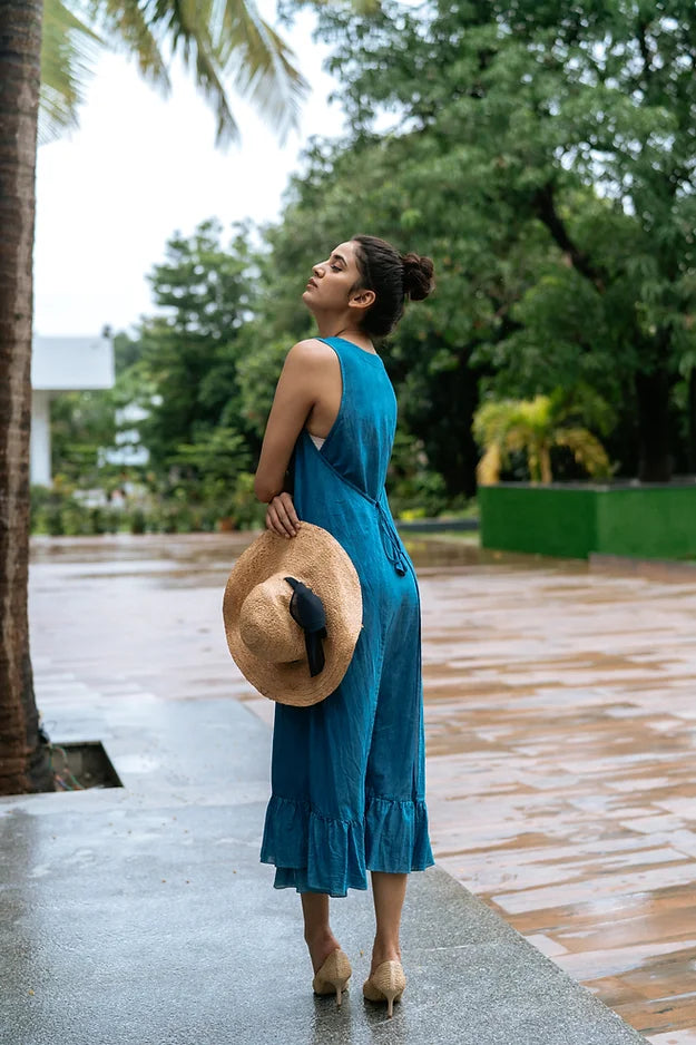 Indigo front back tie dress with frill