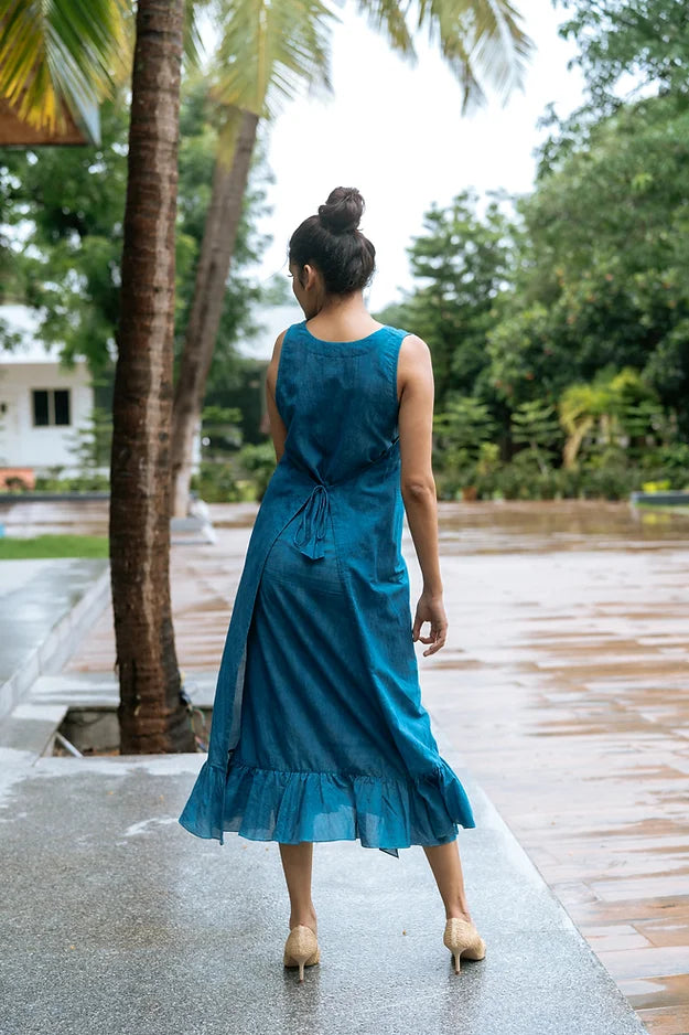 Indigo front back tie dress with frill