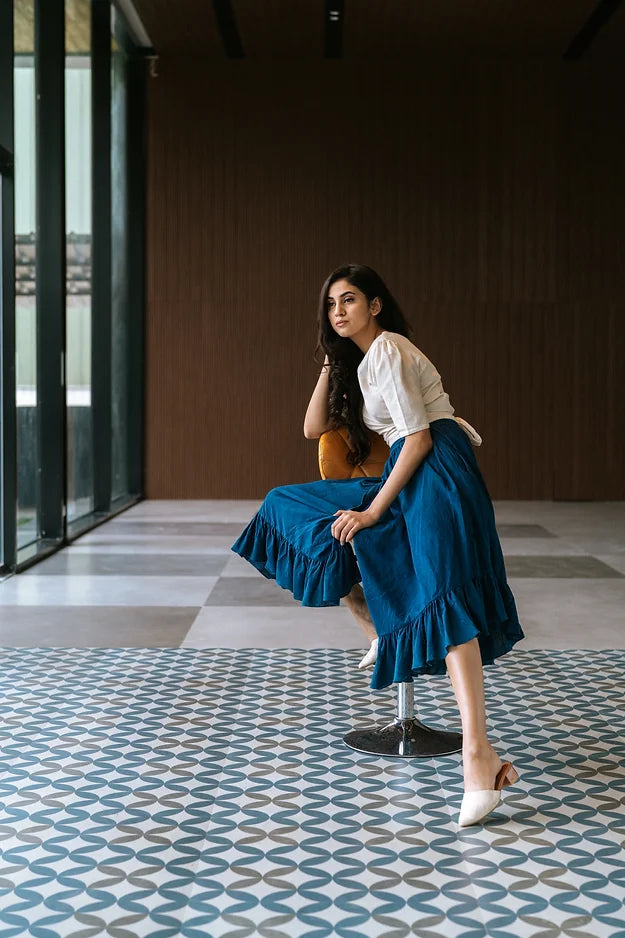Indigo pants with frill ankle