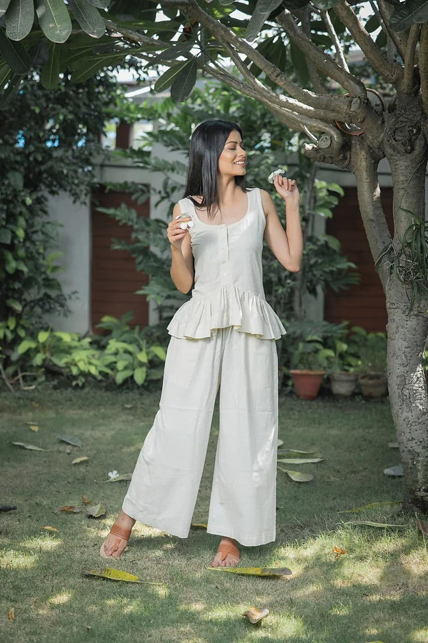Kora top with buttons high low cut + wide pants
