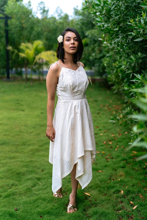 Off white high low cut dress with stringy shoulder strap