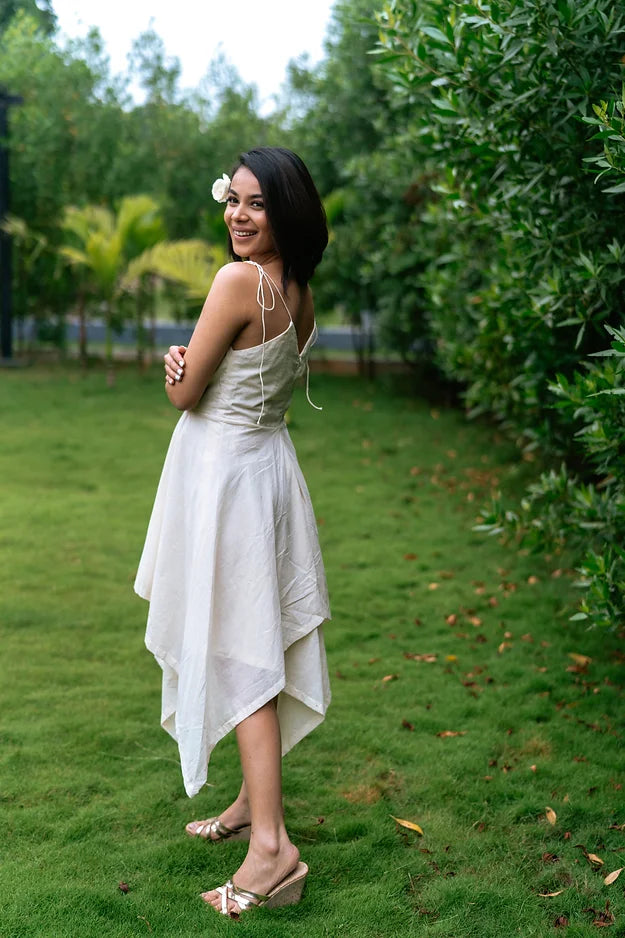 Off white high low cut dress with stringy shoulder strap