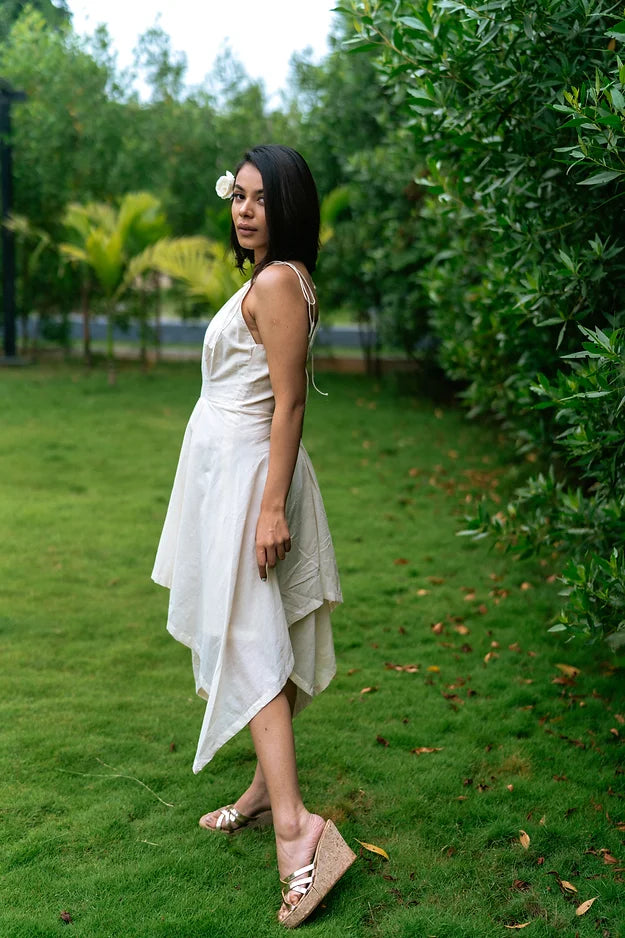 Off white high low cut dress with stringy shoulder strap