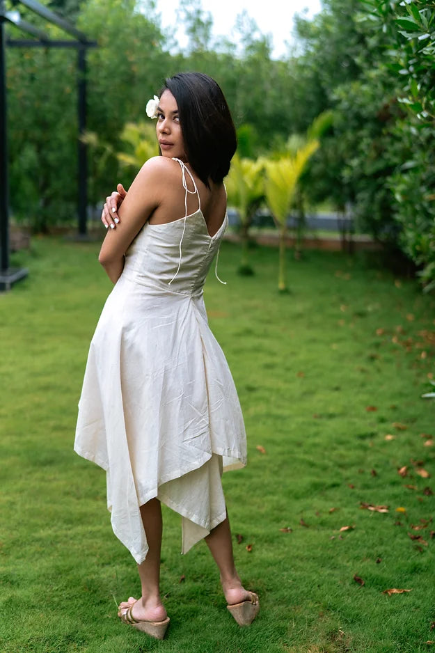 Off white high low cut dress with stringy shoulder strap